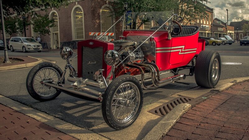 Red Hot Rod Car — Dramatic, Afternoon, Photograph, Brick Building, Street