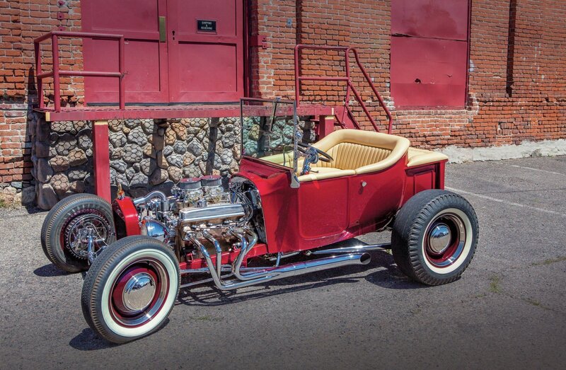 Red Hot Rod Car — Dramatic, Afternoon, Photograph, Brick Building
