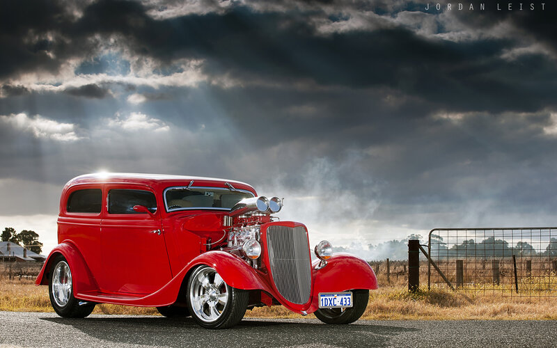 Red Hot Rod Car — Dramatic, Afternoon, Photograph, Clouds