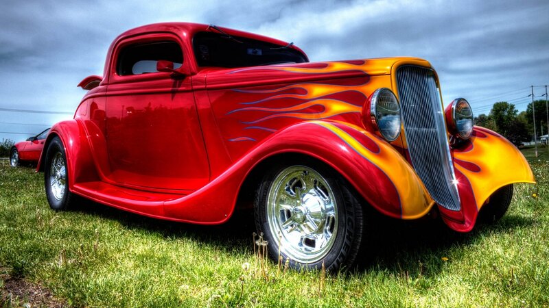 Red Hot Rod Car — Dramatic, Afternoon, Photograph, Grass
