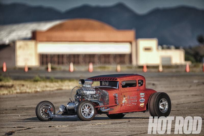 Red Hot Rod Car — Dramatic, Afternoon, Photograph, Mountains