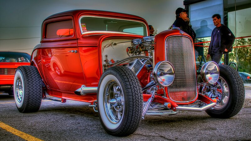 Red Hot Rod Car — Dramatic, Afternoon, Photograph, People