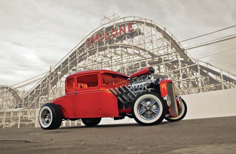Red Hot Rod Car — Dramatic, Afternoon, Photograph, Roller Coaster