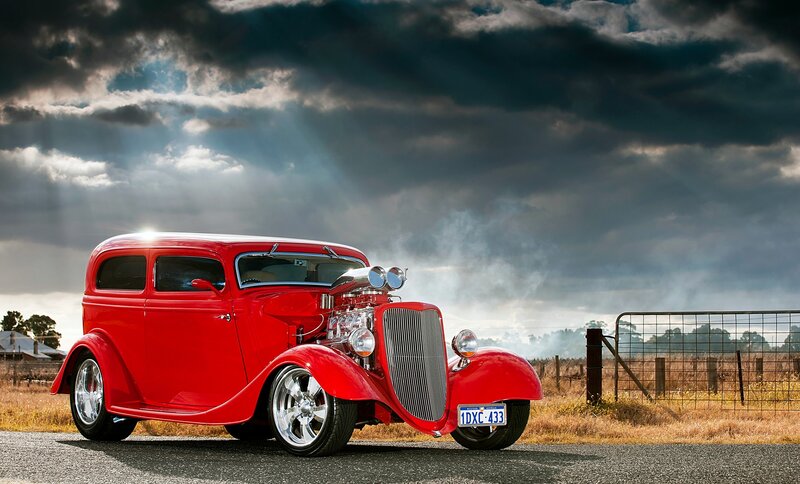 Red Hot Rod Car — Dramatic, Afternoon, Photograph, Sky