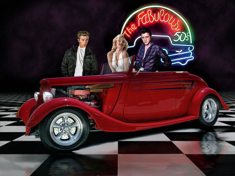 Red Hot Rod Car — Dramatic, Night, Digital Art, Neon Sign