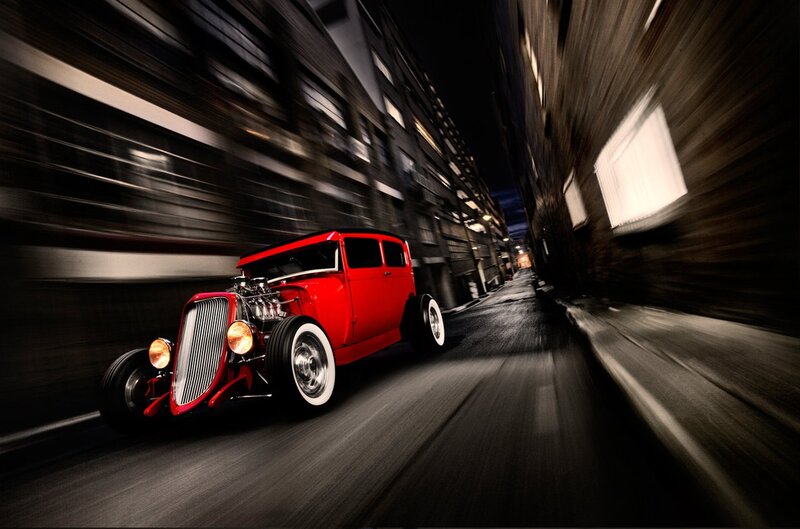 Red Hot Rod Car — Dramatic, Night, Photograph, Buildings