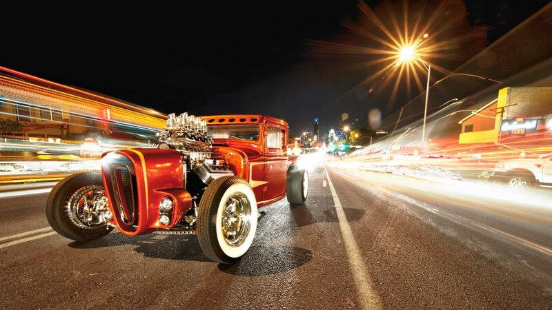 Red Hot Rod Car — Dramatic, Night, Photograph, Street Lights