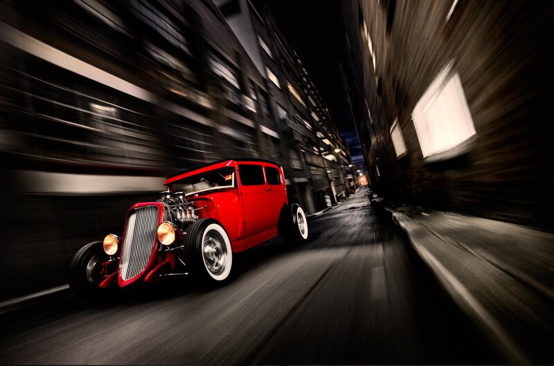 Red Hot Rod Car — Dramatic, Night, Photograph
