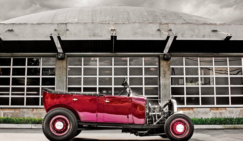 Red Hot Rod Car — Dramatic, Photograph, Building