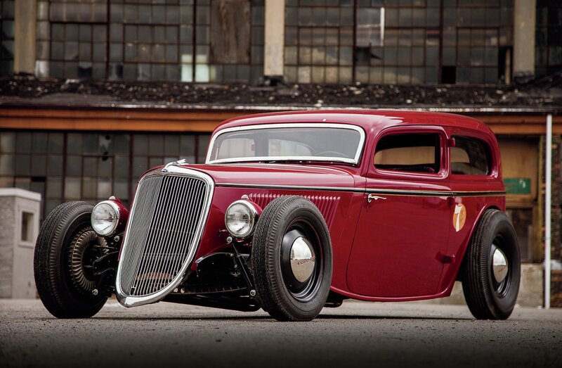Red Hot Rod Car — Dramatic, Photograph, Building, Windows
