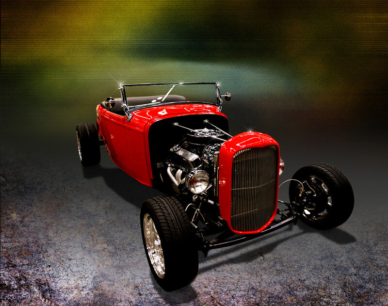 Red Hot Rod Car — Dramatic, Photograph, Engine, Grille, Wheels