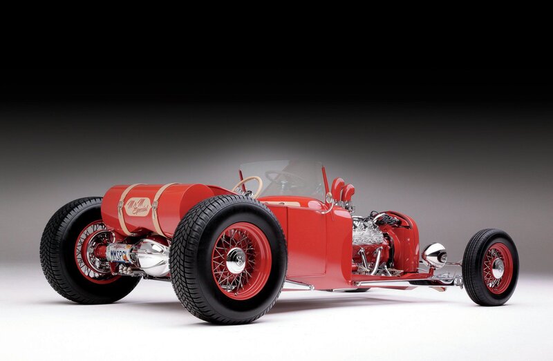 Red Hot Rod Car — Dramatic, Photograph, Engine, Spoked Wheels