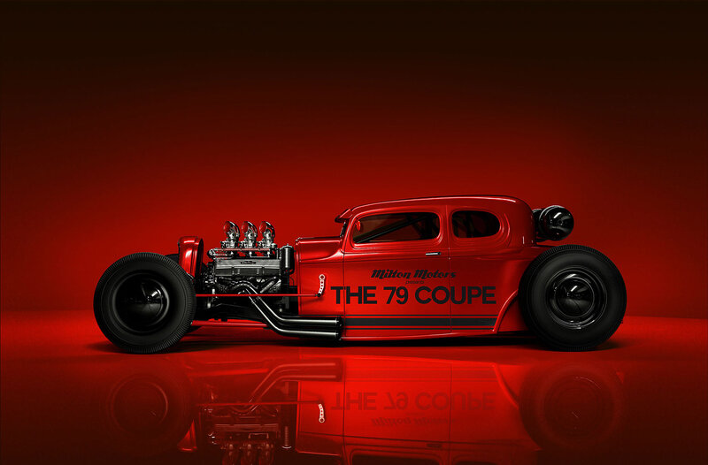 Red Hot Rod Car — Dramatic, Photograph, Engine, Wheels