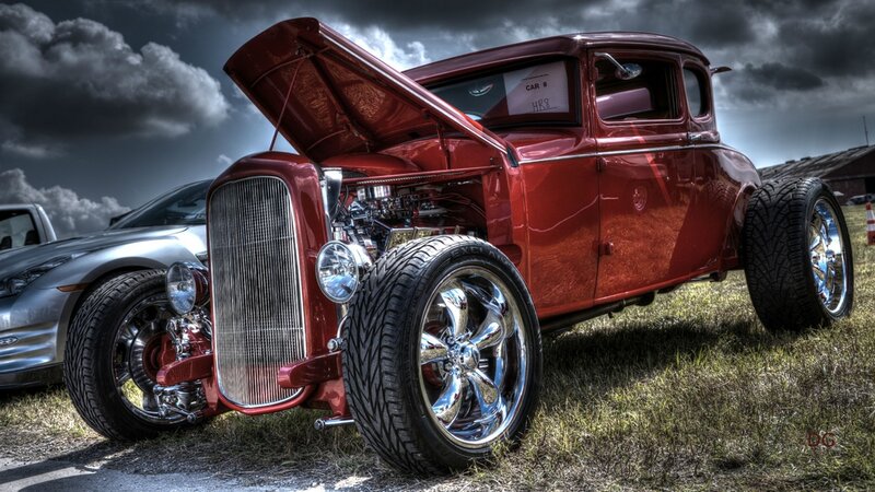 Red Hot Rod Car — Dramatic, Photograph, Grass, Sky, Silver Car