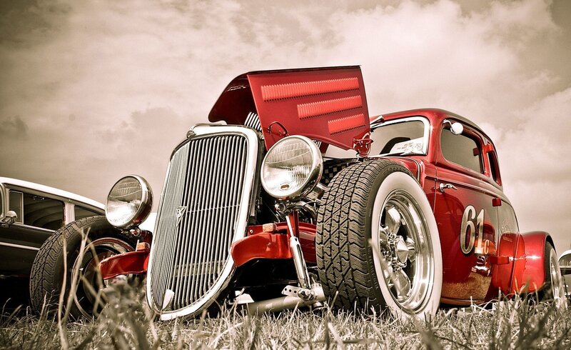 Red Hot Rod Car — Dramatic, Photograph, Grass, Sky