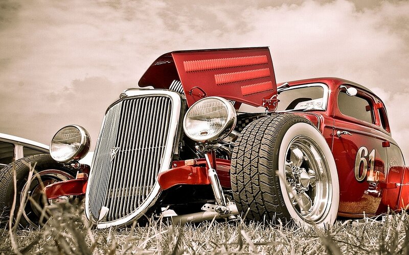 Red Hot Rod Car — Dramatic, Photograph, Grass