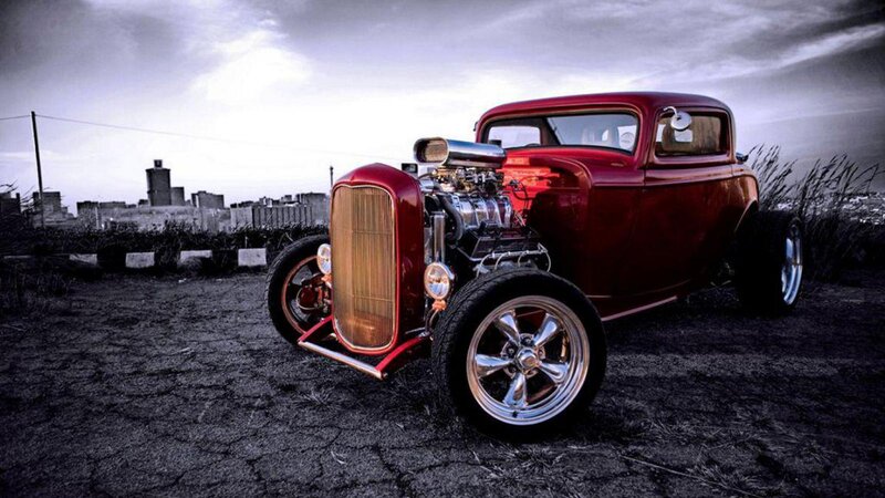 Red Hot Rod Car — Dramatic, Sunset, Photograph, Engine