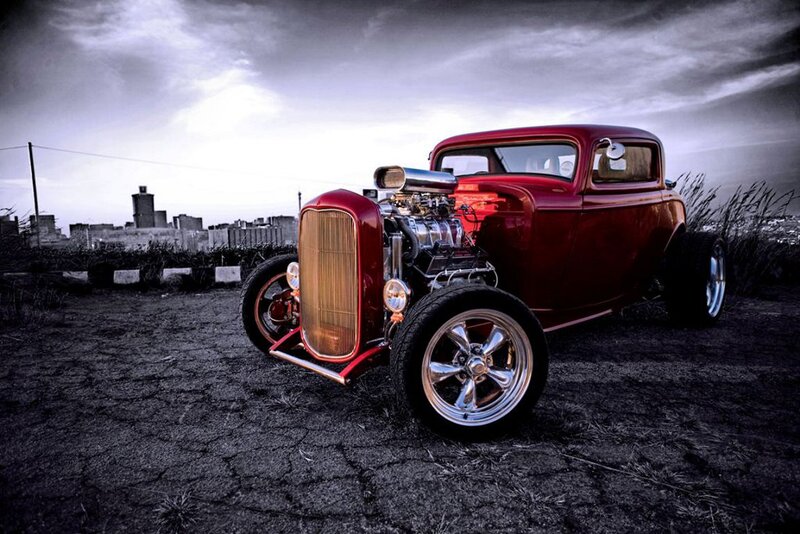 Red Hot Rod Car — Dramatic, Sunset, Photograph