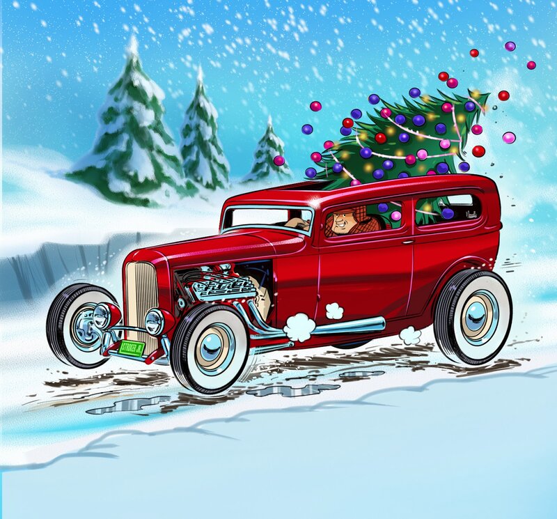 Red Hot Rod Car — Festive, Winter, Illustration