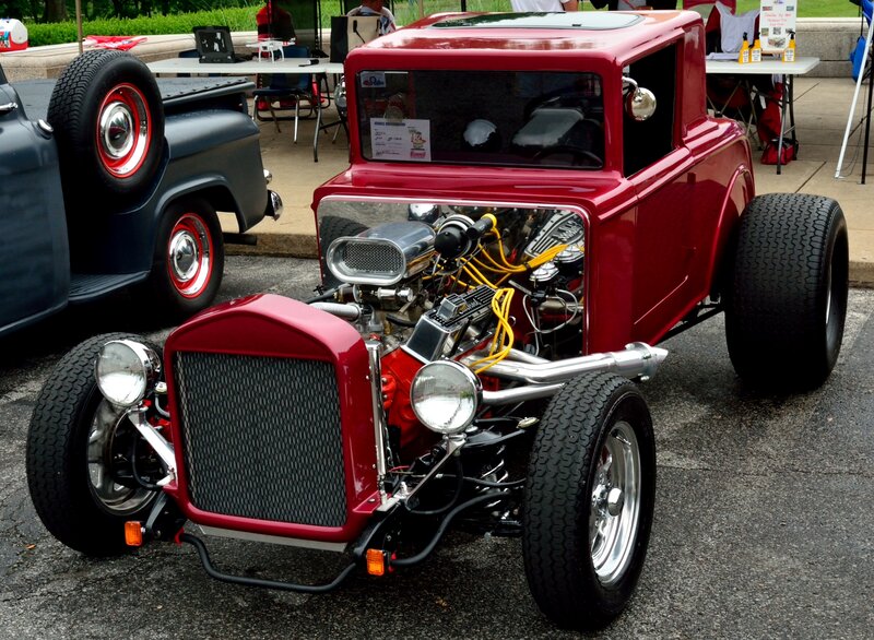 Red Hot Rod Car — Outdoor, Afternoon, Photograph, Car Show, Tables