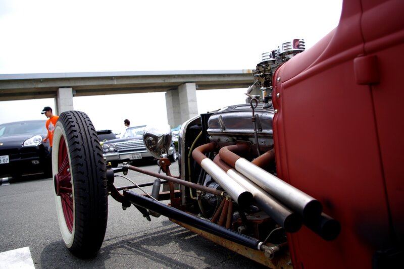 Red Hot Rod Car — Outdoor, Afternoon, Photograph, Engine, Tire