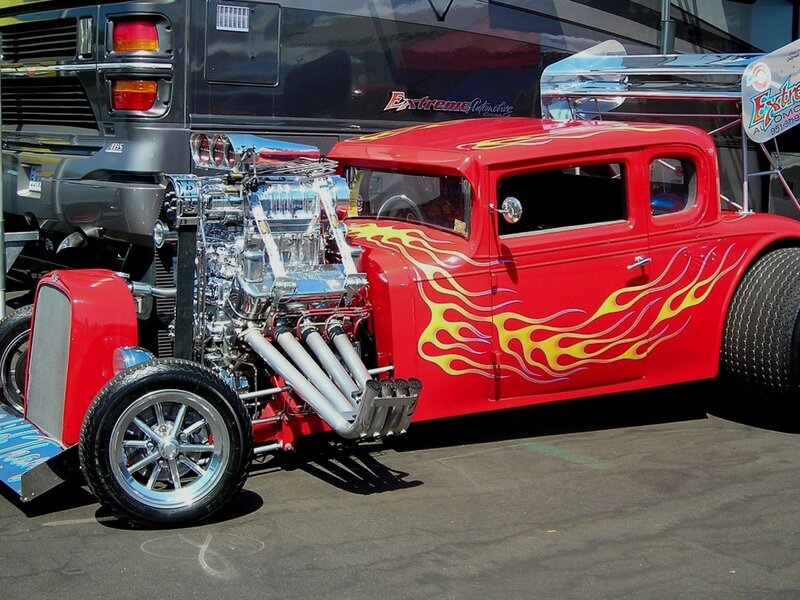 Red Hot Rod Car — Showcase, Afternoon, Photograph, Flame Decals, Exposed Engine