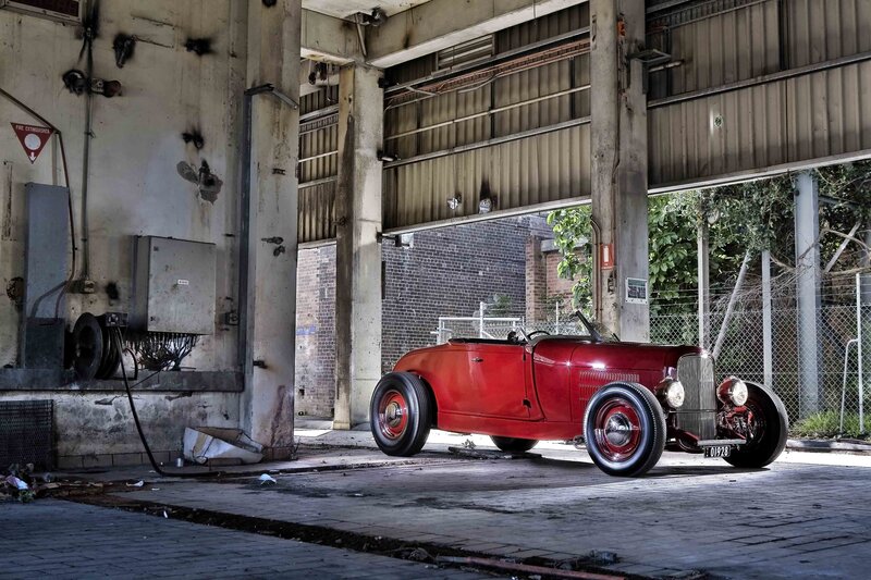 Red hot rod in warehouse
