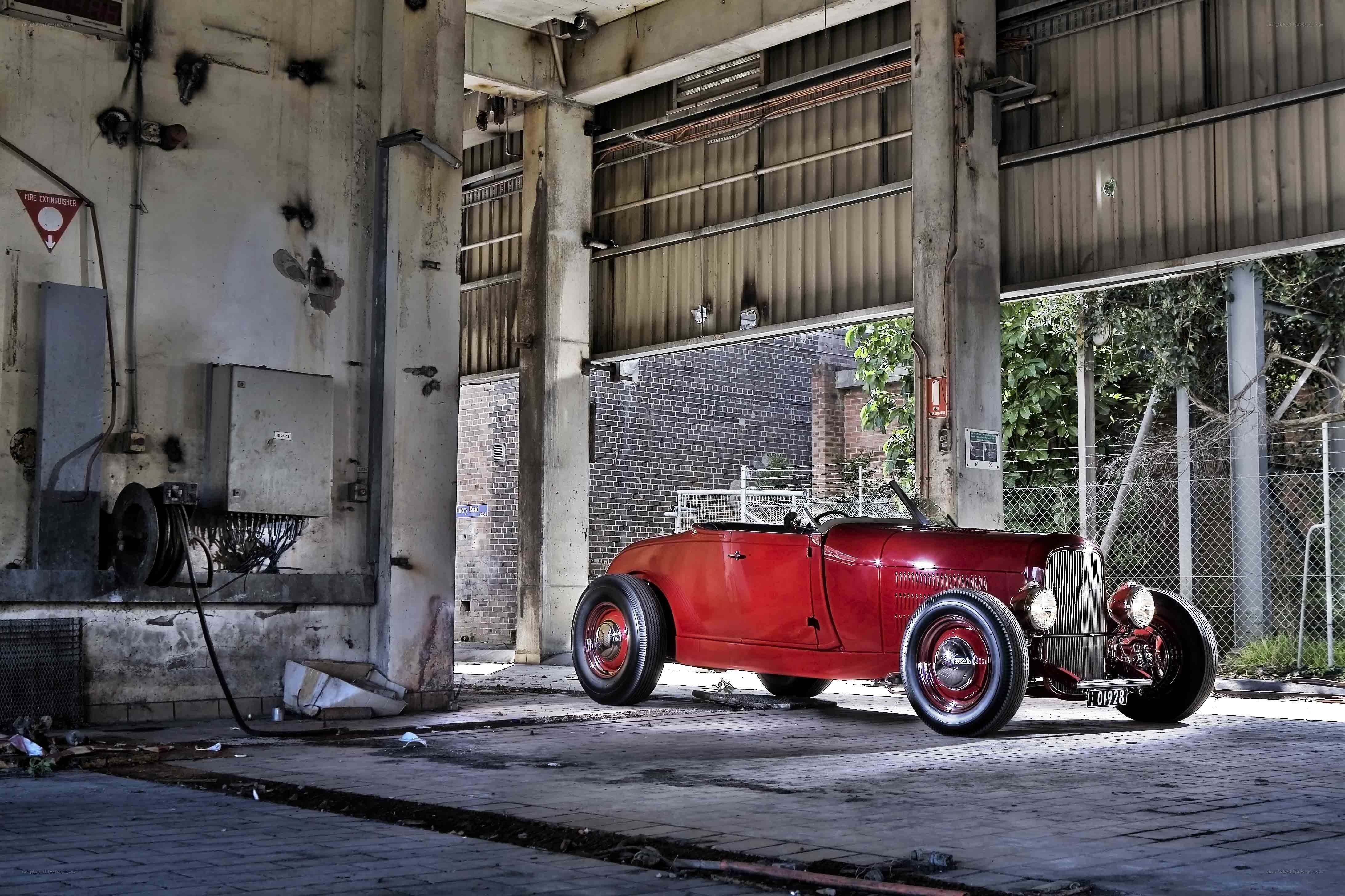 Red hot rod in warehouse