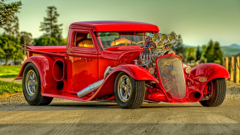 Red Hot Rod Truck — Dramatic, Sunset
