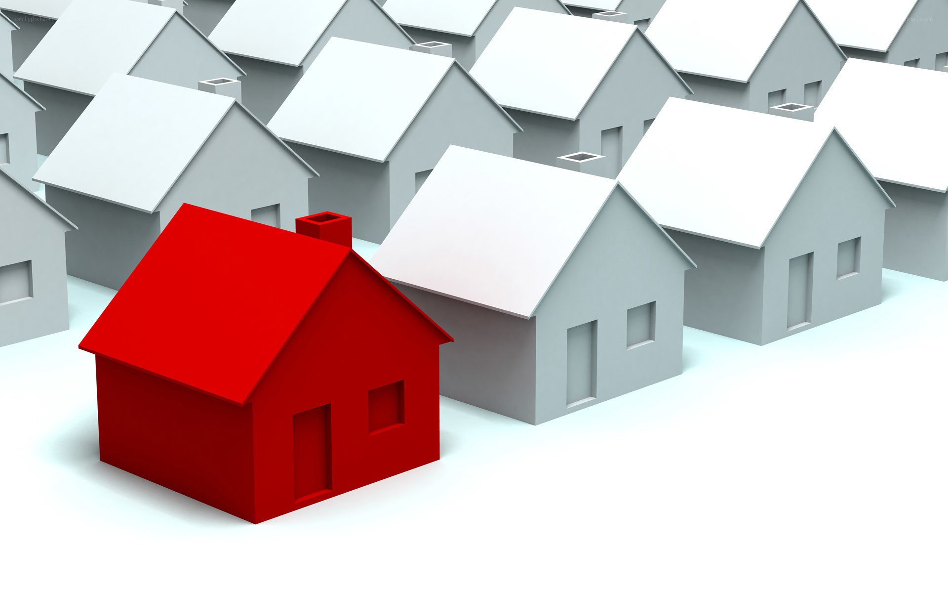 Red house among gray houses