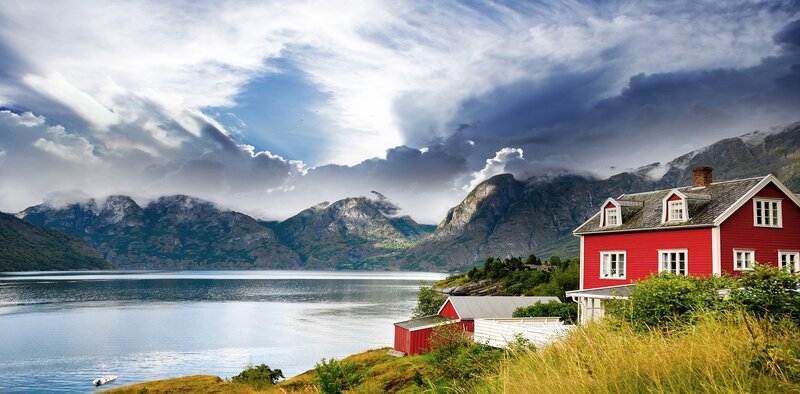 Red House by Fjord — Dramatic, Afternoon, Photograph