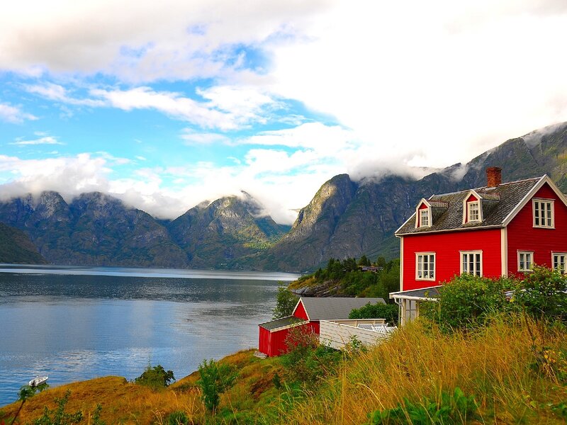 Red House by Fjord — Serene, Afternoon, Photograph