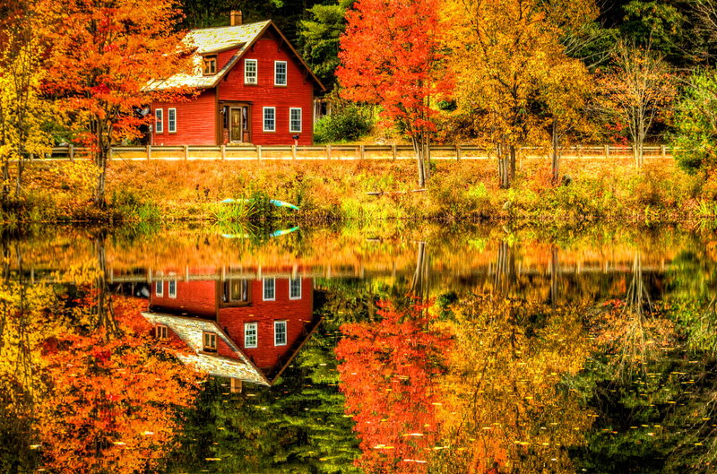 Red House by Lake — Serene, Autumn