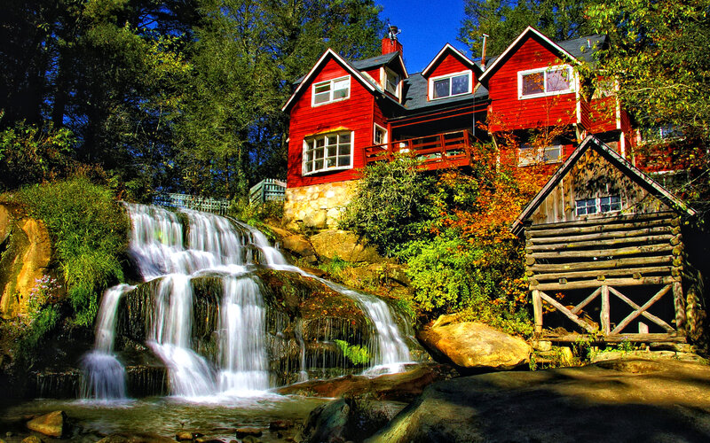 Red House by Waterfall — Serene