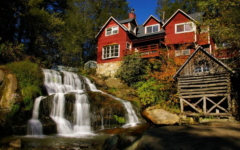 Red House by Waterfall