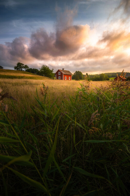 Red House in Field — Dramatic, Sunset