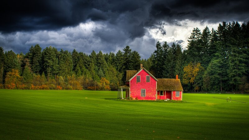 Red House in Field — Green