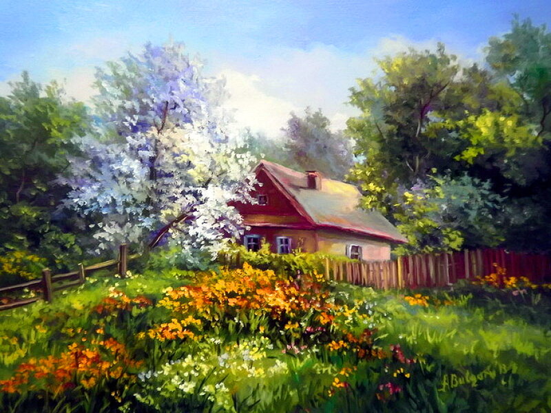 Red House in Garden — Green, Serene, Spring