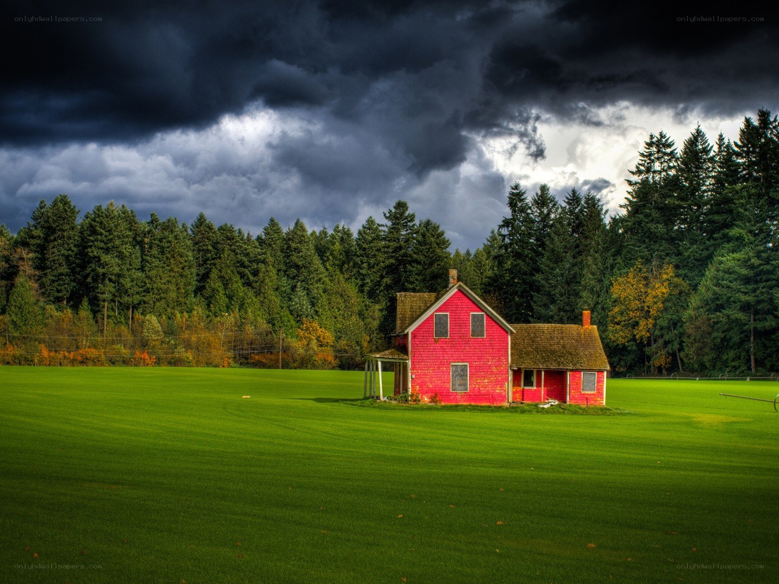 Red house in green field