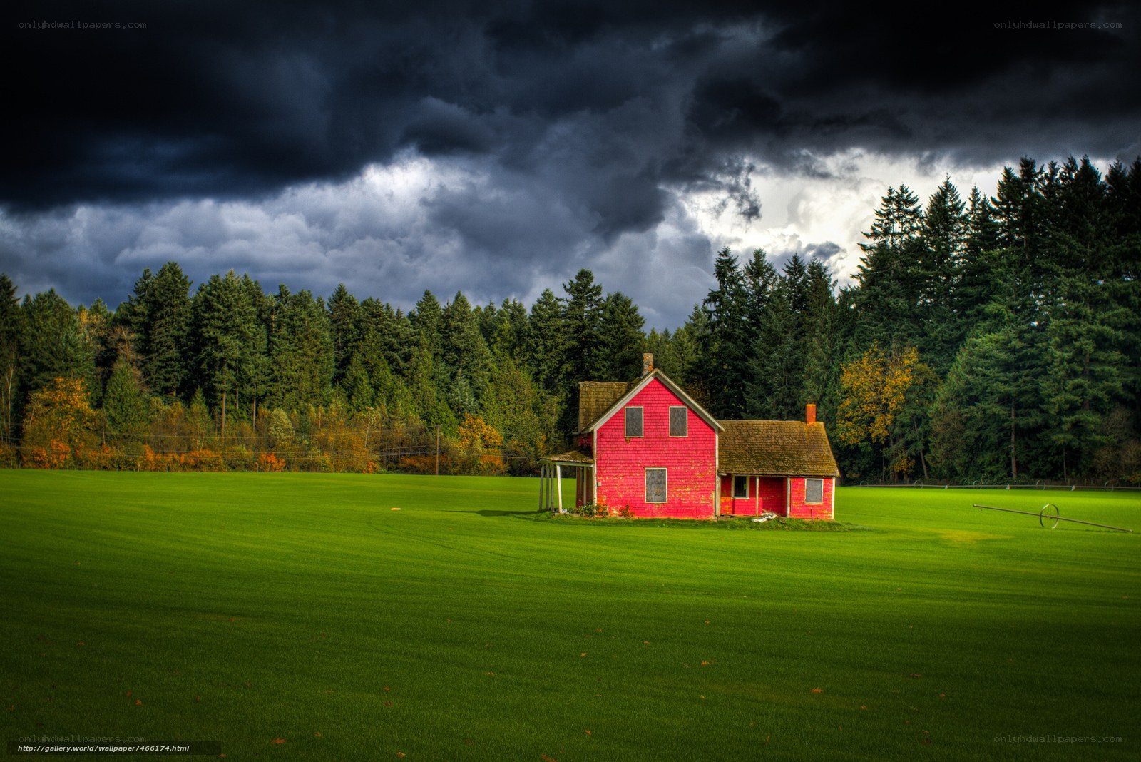 Red house in green field