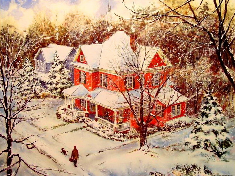 Red House in Snow — Peaceful, Winter, Painting, Person
