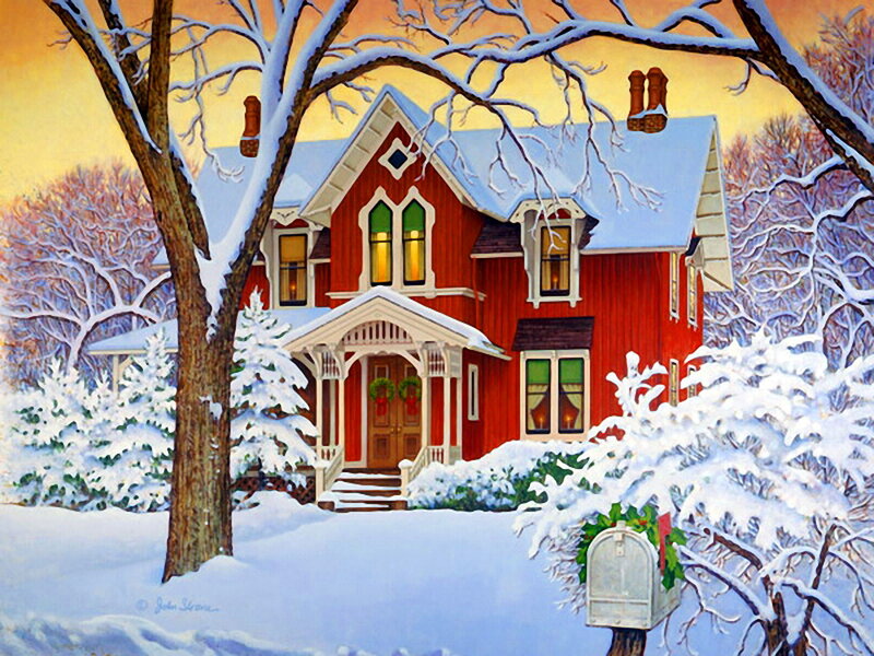 Red House in Snow — Peaceful, Winter, Painting, Snow-covered Trees