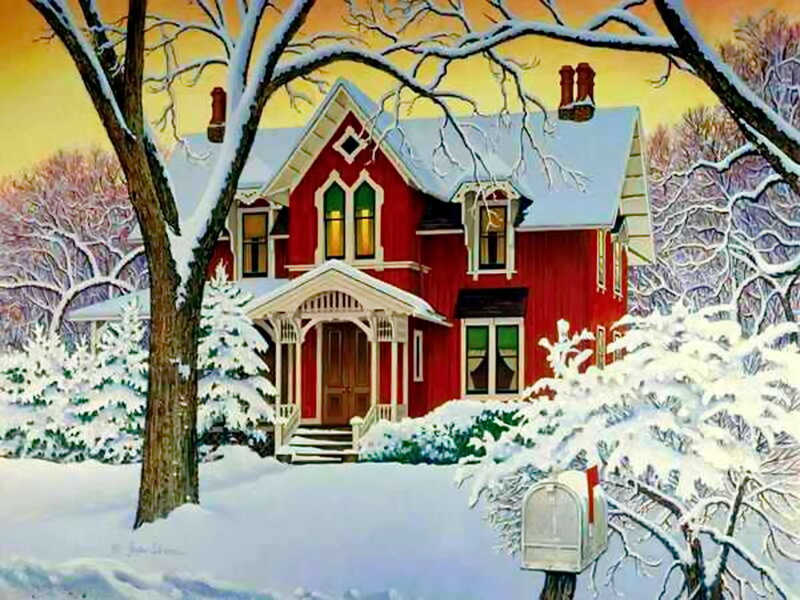 Red House in Snow — Peaceful, Winter, Painting