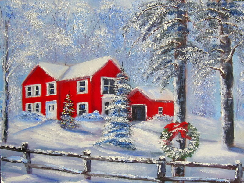 Red House in Snow — Peaceful, Winter, Painting, Wreath