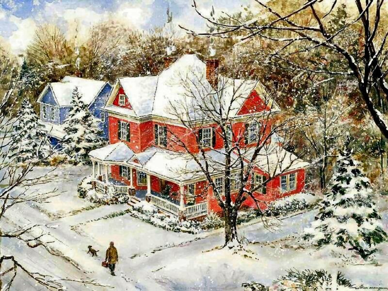 Red House in Snow — Peaceful, Winter