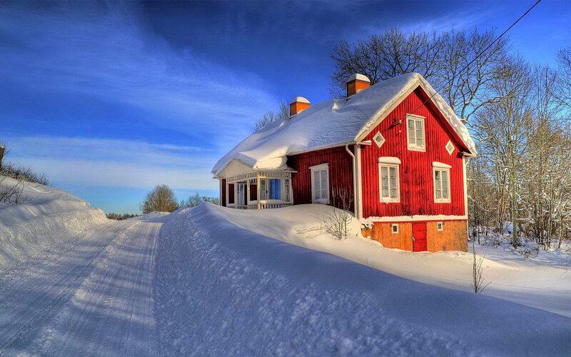 Red House in Snow — Serene, Winter, Photograph