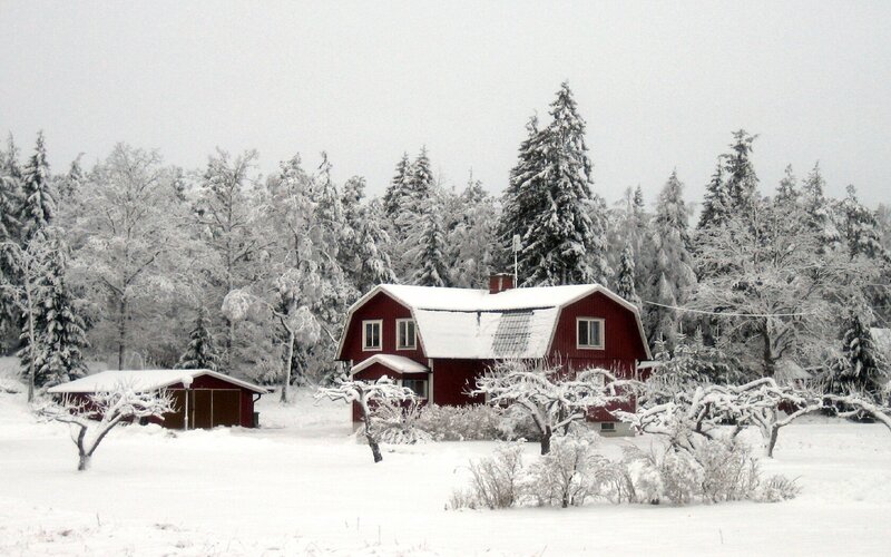 Red House in Snow — Serene, Winter, Photograph, Trees, Barn
