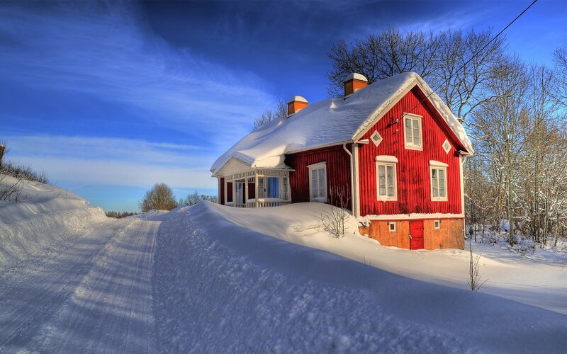 Red House in Snow — Serene, Winter, Photograph, Trees, Sky, White, Blue
