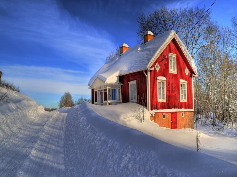 Red House in Snow — Serene, Winter, Photograph, Trees