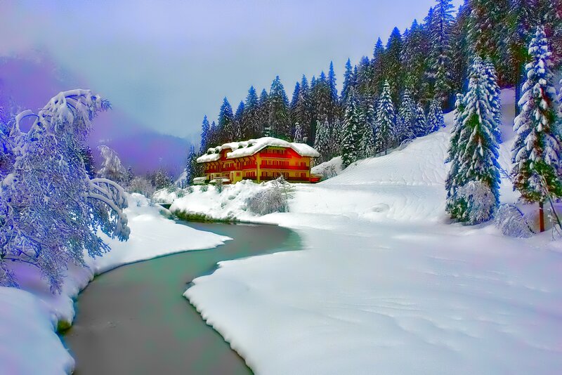 Red House in Snow — White, Serene, Winter, Digital Art